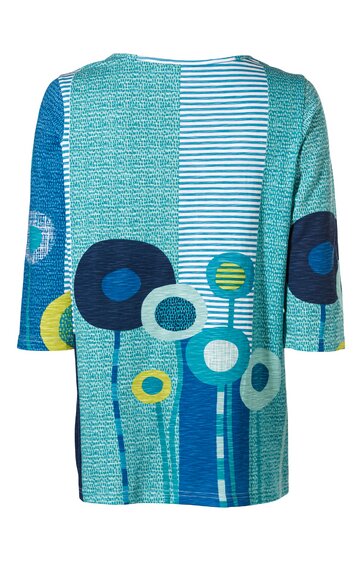 Locker geschnittenes Damenoberteil in Türkis, Blau und Weiß, Muster aus großen stilisierten Blumen mit langen Stielen, Rundhalsausschnitt, 3/4-Arm, rechteckige Blockstreifen und feine Linienmuster