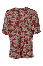 Kurzärmliges Oberteil in dunklem Rot mit floralem Muster in Hellgrün und Weiß, gerader Schnitt, rundhalsig, leichte Falten am Saum