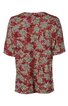 Kurzärmliges Oberteil in dunklem Rot mit floralem Muster in Hellgrün und Weiß, gerader Schnitt, rundhalsig, leichte Falten am Saum