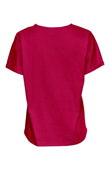 Unifarbenes rotes T-Shirt, rundhalsausschnitt, kurze Ärmel, gerade geschnitten, Rückansicht, keine sichtbaren Muster oder Verzierungen