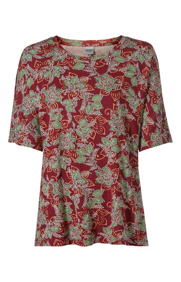 Rotes kurzärmeliges Damenoberteil mit grün-weißem Blumenmuster, Rundhalsausschnitt, gerade geschnitten