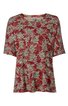 Rotes kurzärmeliges Damenoberteil mit grün-weißem Blumenmuster, Rundhalsausschnitt, gerade geschnitten
