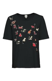 Schwarzes Damen-T-Shirt mit kurzärmeligem Schnitt, Rundhalsausschnitt, bedruckt mit bunten Katzenfiguren in verschiedenen Positionen, gerade geschnitten