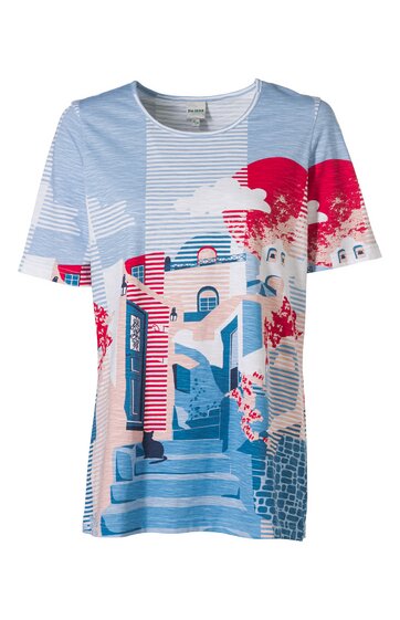 Kurzärmliges T-Shirt, hellblau und weiß gestreift mit rotem und dunkelblauem grafischem Muster, rundhalsausschnitt, gerade Form