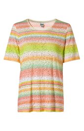 Kurzärmliges T-Shirt in Pastellfarben mit Streifenmuster in Orange, Gelb, Grün und Weiß, Rundhalsausschnitt, gerade geschnitten