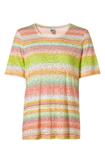 Kurzärmliges T-Shirt in Pastellfarben mit Streifenmuster in Orange, Gelb, Grün und Weiß, Rundhalsausschnitt, gerade geschnitten