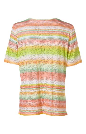 Kurzärmliges T-Shirt, pastellfarbene Streifen in Orange, Hellgrün, Weiß und Hellgelb, Rundhalsausschnitt, gerade geschnitten, Rückansicht
