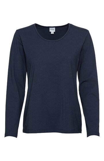 Langärmliges Damen-Shirt in dunkelblau, uni ohne Muster, Rundhalsausschnitt, gerade geschnitten