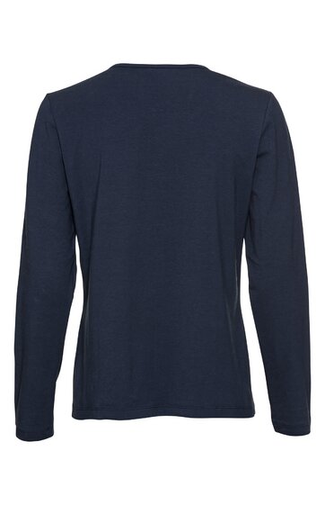 Dunkelblaues Langarmshirt, einfarbig, Rundhalsausschnitt, gerade geschnitten, ohne sichtbare Verzierungen, Rückansicht