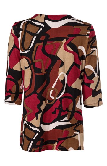 Damenoberteil, rot, beige, braun und schwarz abstraktes Muster, Rundhalsausschnitt, dreiviertellange Ärmel, gerade geschnitten, hinten länger geschnitten