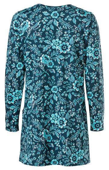 Dunkelblaues langärmliges Kleid mit türkisfarbenem Blumenmuster, rundem Halsausschnitt, knielang, gerade geschnitten