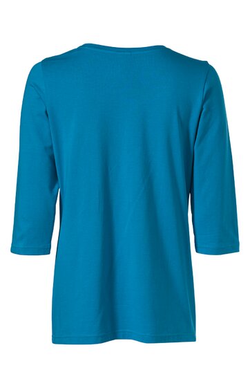 Türkises Langarmshirt, rundhals, gerade Passform, sichtbar Rückansicht des Oberteils ohne Muster oder Verzierungen