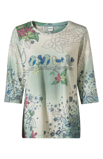 Damen-Tunika in cremeweiß mit pastellgrünem Farbverlauf unten, florales Muster mit roten, blauen und grünen Blumen, Vögeln und Blättern, 3/4-Ärmel, rundhalsausschnitt, seitliche Schlitze