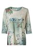 Damen-Tunika in cremeweiß mit pastellgrünem Farbverlauf unten, florales Muster mit roten, blauen und grünen Blumen, Vögeln und Blättern, 3/4-Ärmel, rundhalsausschnitt, seitliche Schlitze