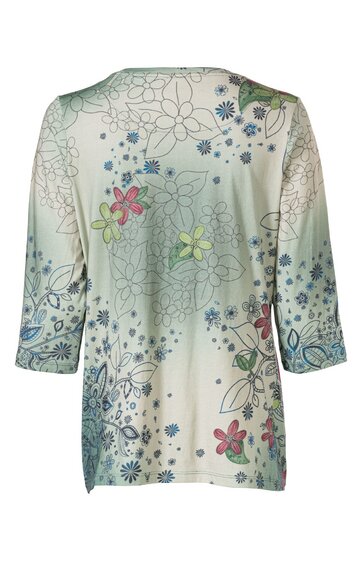 Weißes Damenoberteil mit floralem Muster in Blau, Grün, Pink und Gelb, 3/4-lange Ärmel, runder Halsausschnitt, lockere Passform