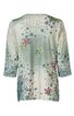 Weißes Damenoberteil mit floralem Muster in Blau, Grün, Pink und Gelb, 3/4-lange Ärmel, runder Halsausschnitt, lockere Passform
