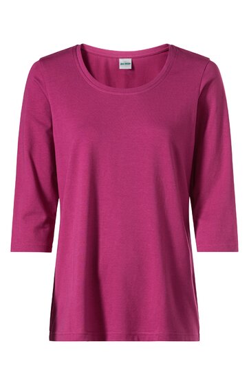 Damen Shirt in fuchsia, einfarbig, Rundhals, 3/4-Arm, gerade geschnitten, ohne Muster oder Verzierungen