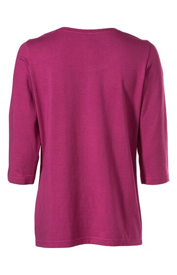 Damenoberteil in fuchsia, einfarbig, rundhalsausschnitt, 3/4-ärmel, gerade geschnitten, Rückansicht