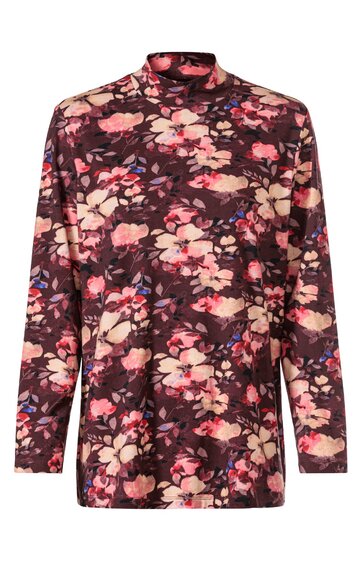 Langärmliges Oberteil in dunkelbraun mit rosa und beige floralem Muster, Stehkragen, gerade geschnitten, ohne sichtbare Verschlüsse