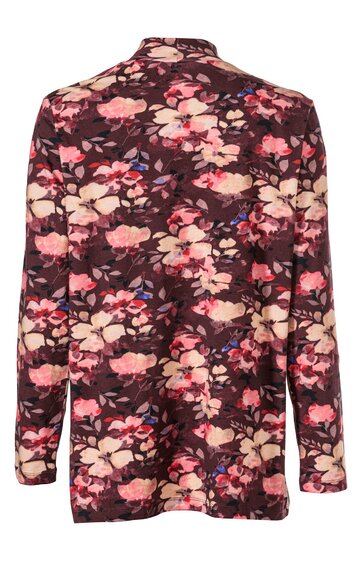 Dunkelbrauner Blazer mit großflächigem floralen Muster in Rosa und Rot, langer Schnitt, Reverskragen, lange Ärmel, gerade geschnitten