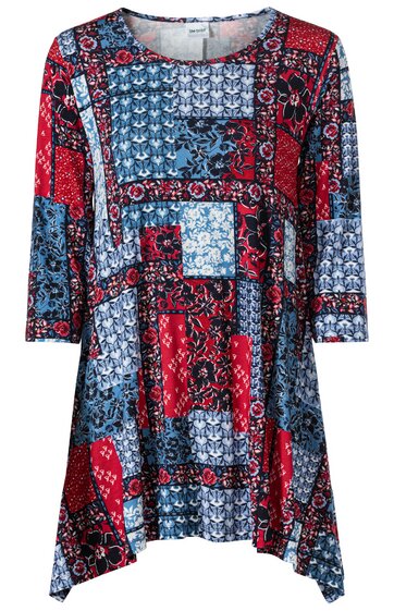 Langärmliges Damenkleid mit Patchwork-Muster in Rot, Dunkelblau und Hellblau, Rundhalsausschnitt, asymmetrischer Saum, lockere Passform