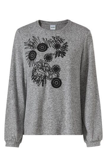 Hellgrauer Pullover mit Rundhalsausschnitt, langen Ärmeln und schwarzen, floralen Stickereien auf der Vorderseite oben links