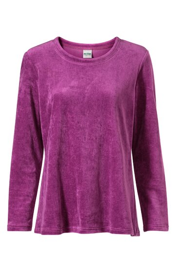 Langärmliges Damenoberteil in aubergine, einfarbig, Rundhalsausschnitt, gerade geschnitten