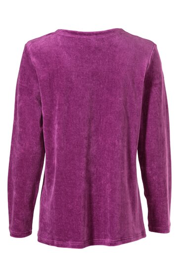 Langärmliges Damenoberteil in dunklem pink, unifarben, rundhalsausschnitt, gerade geschnitten, Rückseite sichtbar