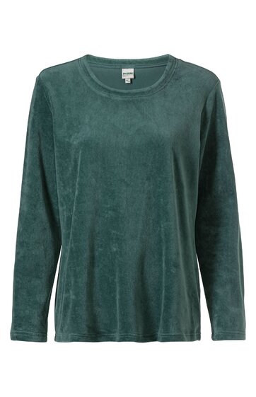 Langärmeliges Damenoberteil in dunkelgrün, unifarben, Rundhalsausschnitt, gerade geschnitten, locker sitzend