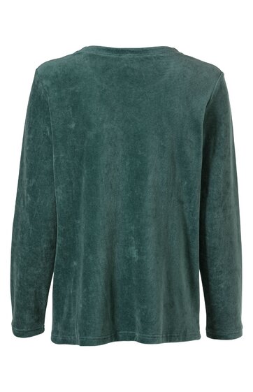 Langärmliges Oberteil in dunklem Grün, einfarbig, Rundhalsausschnitt, gerade geschnitten, hinten gezeigt