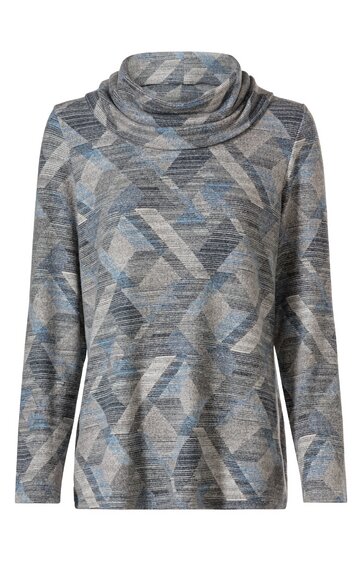 Langärmeliges Oberteil in Grautönen mit geometrischem Muster aus Dreiecken und Linien, Rollkragen, gerade geschnitten