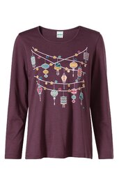 Damenlangarmshirt in bordeauxrot, Muster aus dekorativen Laternen in Pastellfarben auf der Vorderseite, rundhalsausschnitt, gerade Form, keine weitere sichtbare Verzierungen