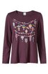 Damenlangarmshirt in bordeauxrot, Muster aus dekorativen Laternen in Pastellfarben auf der Vorderseite, rundhalsausschnitt, gerade Form, keine weitere sichtbare Verzierungen