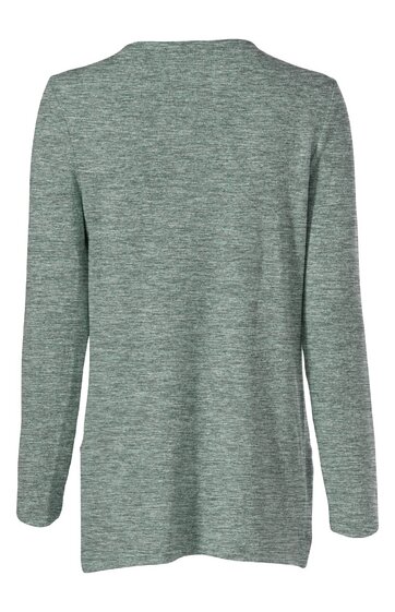 Langärmeliges Shirt in graugrün meliert, ohne Muster, Rundhalsausschnitt, gerade geschnitten, Rückansicht