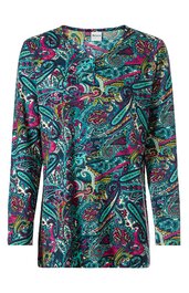 Langarmshirt in türkis mit mehrfarbigem Paisley- und Blumenmuster, Rundhalsausschnitt mit kleiner Knopfleiste, gerade geschnitten