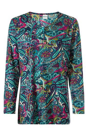Langarmshirt in türkis mit mehrfarbigem Paisley- und Blumenmuster, Rundhalsausschnitt mit kleiner Knopfleiste, gerade geschnitten