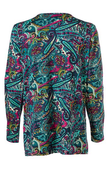 Langärmliges Shirt in petrolgrün mit mehrfarbigem Paisley-Muster, Rundhalsausschnitt, gerade geschnitten