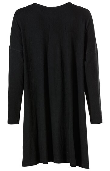Langärmeliges schwarzfarbenes Kleid, schlicht, rundhalsausschnitt, locker fallend, hinten abgebildet