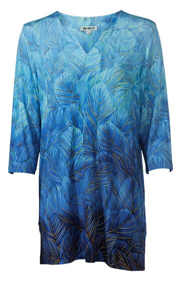 Damenbluse in Blautönen mit Blattmuster, V-Ausschnitt, 3/4-Arm, gerade geschnitten, locker fallend