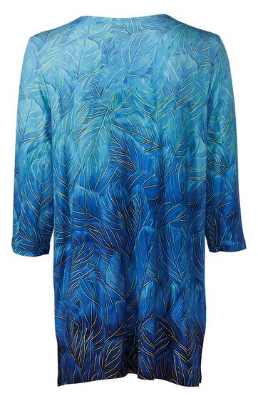 Langes Oberteil in Blautönen mit Blattmuster, Rundhalsausschnitt, 3/4-Ärmel, gerade geschnitten, ohne sichtbare Verschlüsse