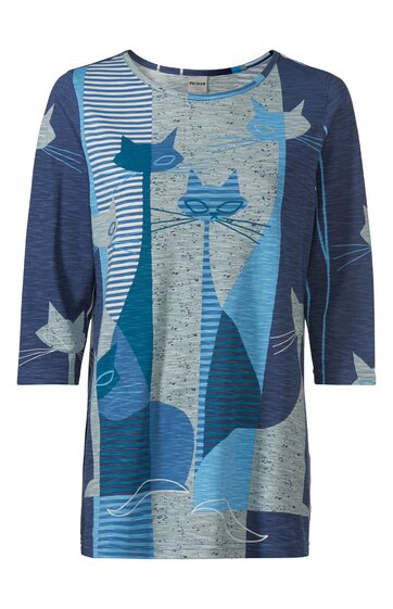 Langärmeliges Damenoberteil in Blautönen, mehrfarbig mit stilisiertem Katzenmotiv und Streifenmuster, Rundhalsausschnitt, locker geschnitten
