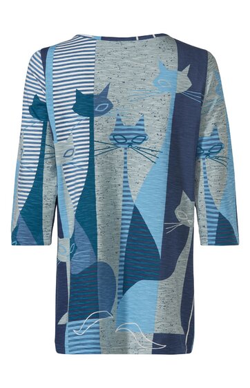 Damenoberteil in Blau- und Grautönen mit Katzenmotiven und Streifenmuster, langärmlig, Rundhalsausschnitt, locker fallende Form