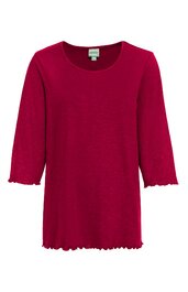 Rotes Langarmshirt ohne Muster, Rundhalsausschnitt, gewellter Saum an Ärmeln und Unterkante, gerader Schnitt