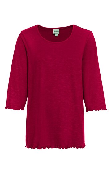 Rotes Langarmshirt ohne Muster, Rundhalsausschnitt, gewellter Saum an Ärmeln und Unterkante, gerader Schnitt