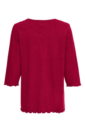 Rotes Langarmshirt ohne Muster, mit rundem Halsausschnitt, geradem Schnitt, gewelltem Saum an Ärmeln und unterem Rand, Rückansicht