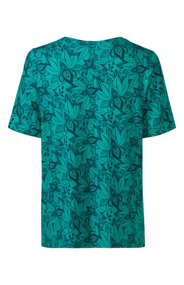 T-Shirt türkis mit schwarzem Blumenmuster, Rundhalsausschnitt, kurze Ärmel, gerader Schnitt