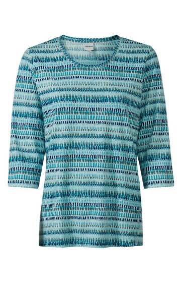 Damenlangarmshirt in Türkis und Weiß, gestreift mit unregelmäßigen Linien, Rundhalsausschnitt, halblange Ärmel, gerade geschnitten
