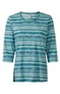 Damenlangarmshirt in Türkis und Weiß, gestreift mit unregelmäßigen Linien, Rundhalsausschnitt, halblange Ärmel, gerade geschnitten