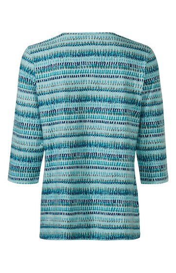 Damenoberteil in weiß und blau, horizontales Muster aus unregelmäßigen Linien, 3/4-ärmel, runder Halsausschnitt, gerade geschnitten