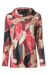 Langärmeliges Shirt in beige, rot, schwarz und weiß mit abstraktem Muster, hoher, weiter Rollkragen, gerade geschnitten